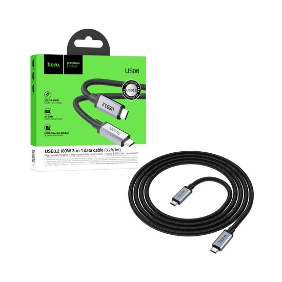 Cabo Hoco US06 Tipo-C para Tipo-C USB3.2 20GBPS 100W 2m Preto Cabo Hoco US06 Tipo-C para Tipo-C USB3.2 20GBPS 100W 2m Preto